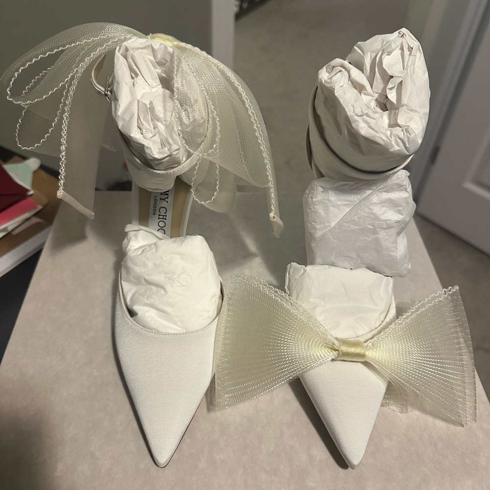 Jimmy Choo Cream Heels with Bow Accent